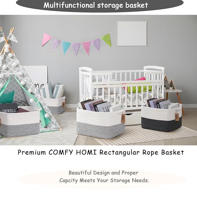 COMFY-HOMI 3-Pack Cotton Rope Woven Basket with Handles for Shelves, Book, Cloth Basket|Dog Toy Basket for Organizingy|13.5" x 11" x 9.5" for Bedroom（White/Grey）