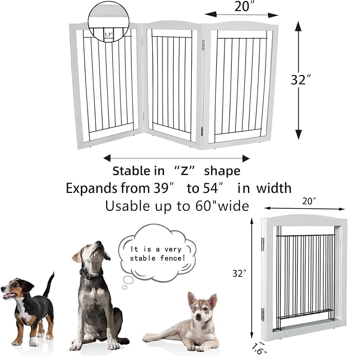 ZJSF Freestanding Foldable Dog Gate for House Extra Wide Wooden White Puppy Gate Stairs Dog Gates Doorways Tall Pet Gate 3 Panels Pet Fence