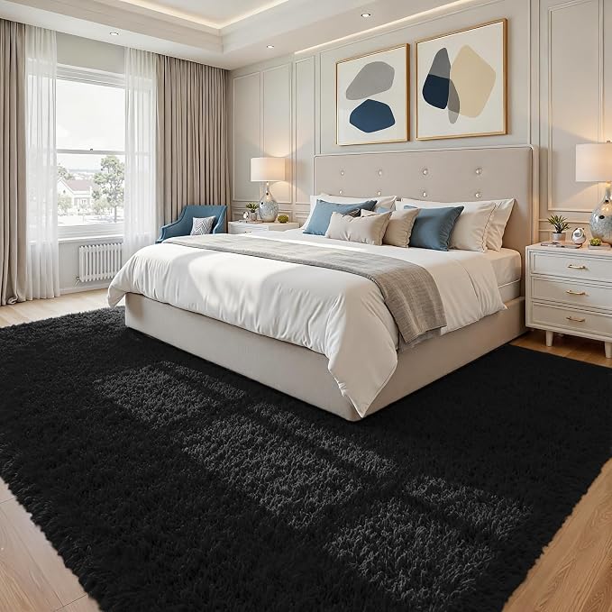 6x9 Area Rugs for Living Room Rug: Soft Fluffy Shag Black Rugs for Bedroom