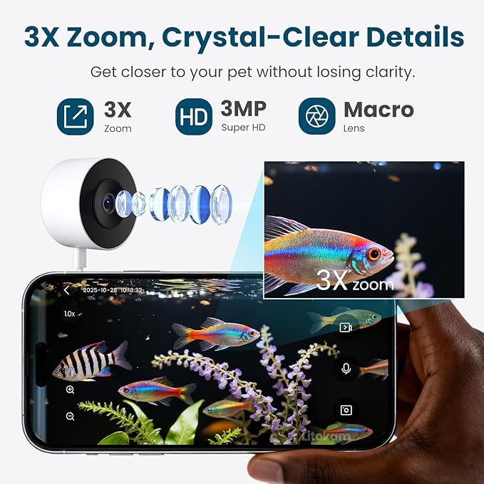 litokam Reptile & Aquarium Camera, 2K Anti-Glare Fish Tank & Terrarium Camera with Close-Focus Lens, 147° Ultra-Wide Angle, F1.0 Aperture, 3X Zoom, 24/7 Recording, 2.4G/5GHz WiFi