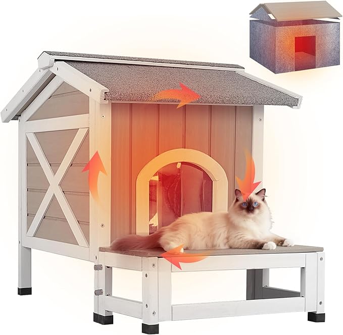 PetsCosset Outdoor Cat House with Insulated Liner for Winter, Insulated Feral Cat Shelter Weatherproof for Outside with Openable Asphalt Roof, Large Balcony, Escape Door
