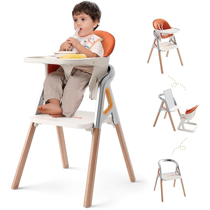 CoziBB Baby High Chair, 6 in 1 Convertible Growing Baby Highchairs for Babies and Toddlers, Baby Chair with Adjustable Dining Tray and Seat, 5-Point Safety Belt,White