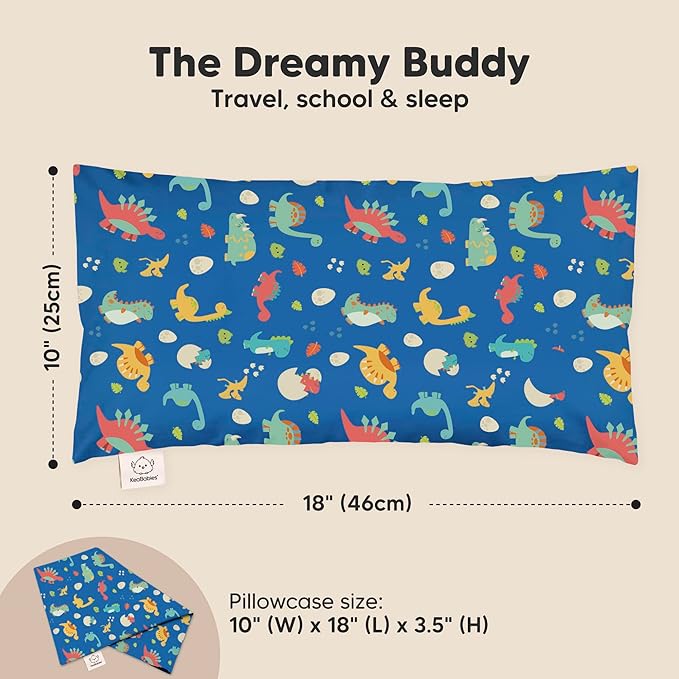 Toddler Pillow with Pillowcase - 10x18 My Little Dreamy Kids Travel Bed Pillows for Sleeping, Organic Cotton Small Pillowcase, Soft & Breathable, Machine Washable, Toddlers 2-5 Years Old (DinoWorld)