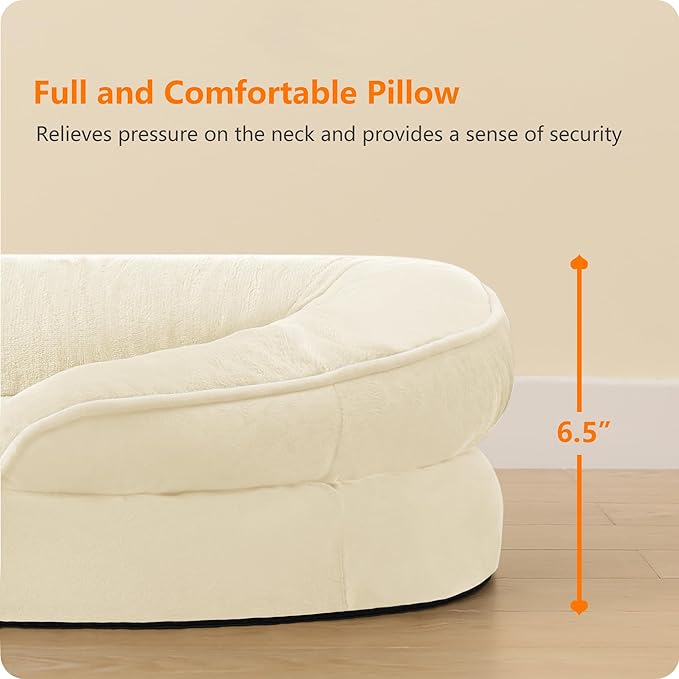 Dwanton Orthopedic Dog Bed for Large Dogs with Gel Memory Foam, Waterproof Dog Sofa, Washable Pet Bed with Four Sided Bolster Cushion, Removable Cover & Non-Slip Bottom, 42", Beige