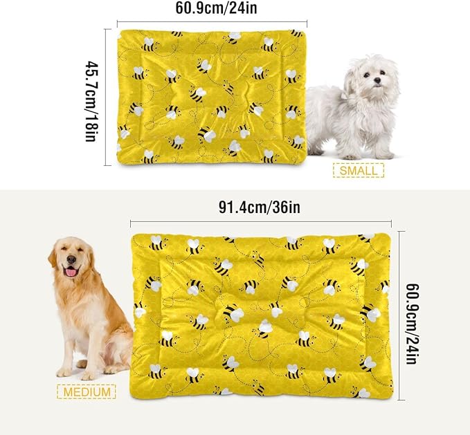 Emelivor Bees Yellow Dog Cat Bed Washable Crate Pet Bed Anti-Slip Comfortable Durable Dog Crate Bed for Large Medium Small Dogs Cat, 24x18in