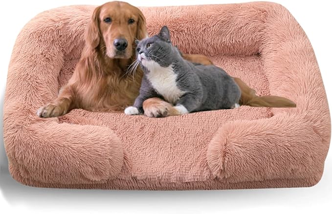 Dog Beds Medium Large Size Dog, Calming Dog Bed with Removable Washable Cover, Waterproof Lining and Nonskid Bottom(Leather Pink,M)