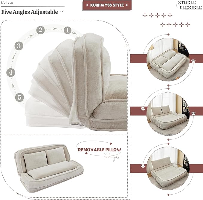 Extra Large Human Dog Bed for Adult & Pets, Convertible Floor Sofa Bed with 5 Adjustable Position, Lazy Couch Giant Bean Bag Lounge Chair Comfy Tatami with 3 Pillows for Bedroom Living Room (Beige)