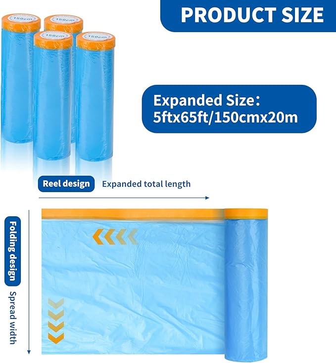 Pre-Taped Automotive Masking Film 4 Pack 59 in x 65 feet Rolls, Tape and Drape, Painters Plastic Drop Cloth for Automotive Painting Covering, House Decoration Furniture Floor Dustproof Cover