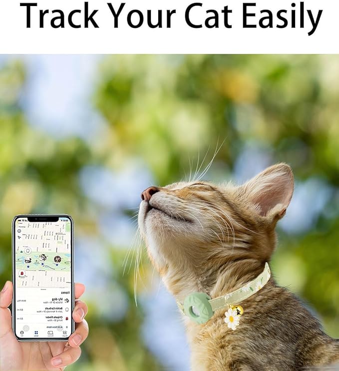 Breakaway Cat Collar with Airtag Holder,Kitten Collar with Apple Air Tag Holder and Bell for Girl Boy Cats, 0.4 Inches in Width and Lightweight. (Green Daisy)