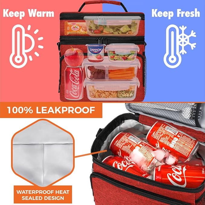opux Insulated Lunch Bag for Men Women, Large Dual Compartment Cooler Bag, Soft Two Deck Lunch Box for Work School Picnic, Leakproof Lunch Tote with Shoulder Strap for Kid Adult (Red, Double Deck)