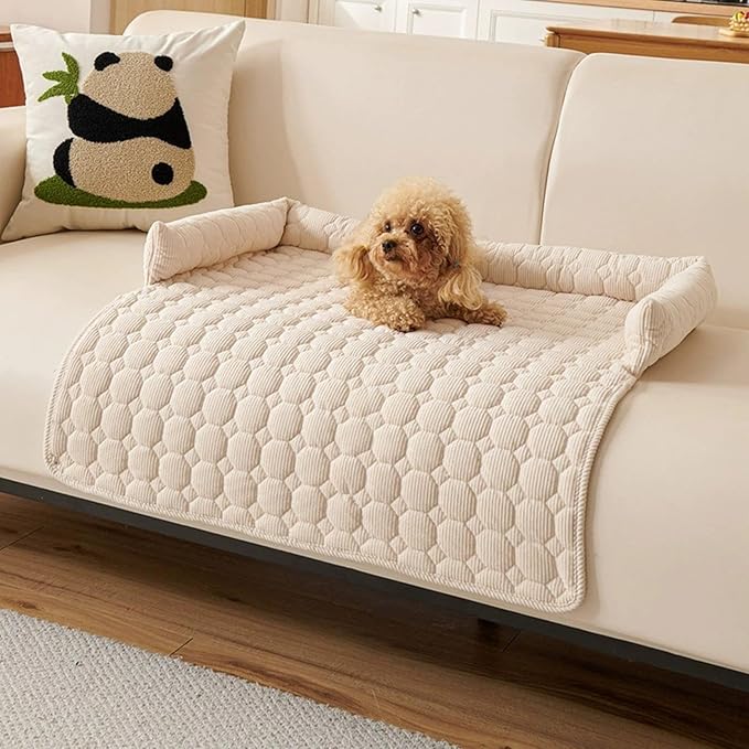 Pet Couch Covers for Sofa, 29" L × 29" W Calming Dog Bed Fluffy Dog Plush Mat for Furniture Protector with Bolster, Washable Removable Couch Cover for Small, Medium, Large Dogs and Cats (White)