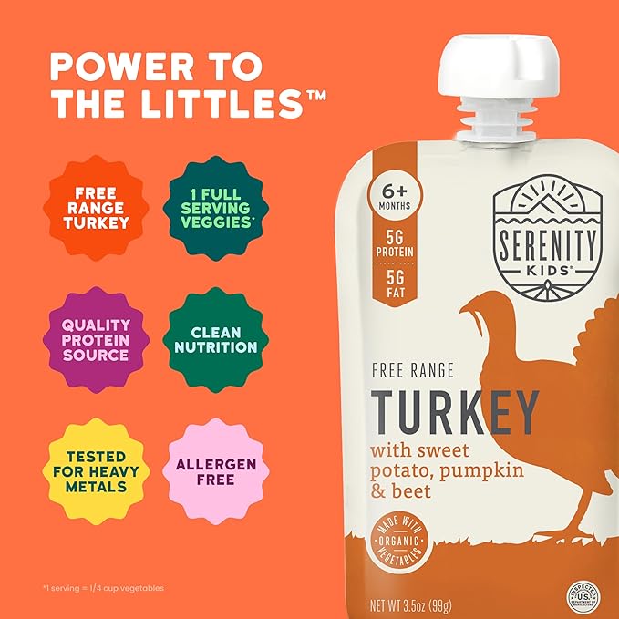 Serenity Kids 6+ Months Organic Baby Food Pouches - BPA-Free Range Turkey Pouches with Pumpkin Puree, Sweet Potato & Beet - 3.5 Oz, 6 Pack