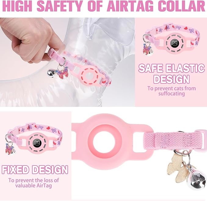 BINGPET AirTag Cat Collar with Bells, Upgraded Safety Elastic Cat Collar with Airtag Cat Collar Holder, Anti-Lost Cat Collars for Girl Boy Cats, Anti-Suffocation Kitty Puppy Collars