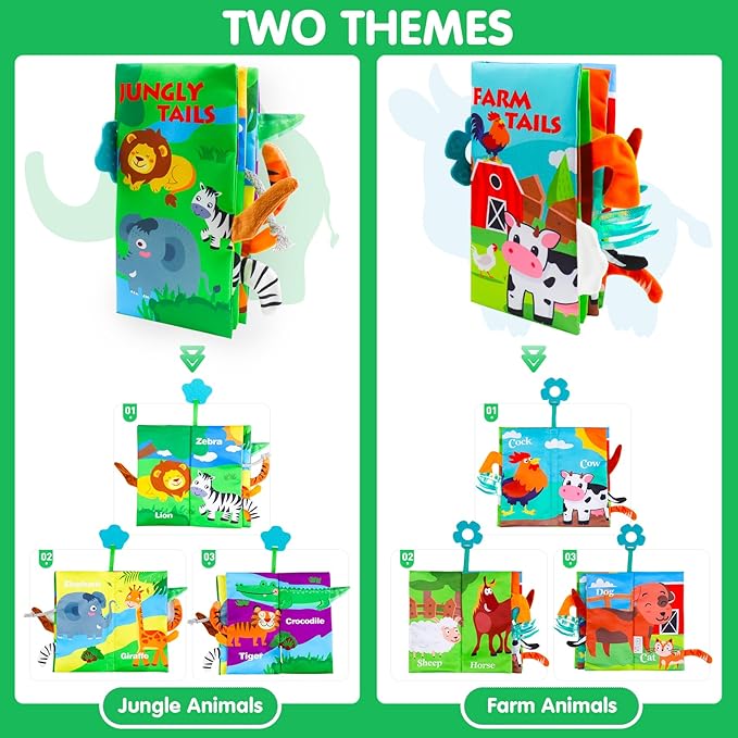 Baby Soft Cloth Crinkle Books Early Education Interactive Stroller Car Seat Sensory Toys with Tails Newborn Development Gifts for 0-6 Months Infants Toddler Baby Boys Girls(Jungle & Farm)