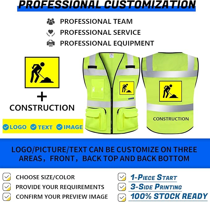BeautyWill Custom Logo 10 Pack Safety Vest High Visibility Reflective Vest Customized Logo Utility Zipped Pockets Construction Workwear （Yellow,XL）
