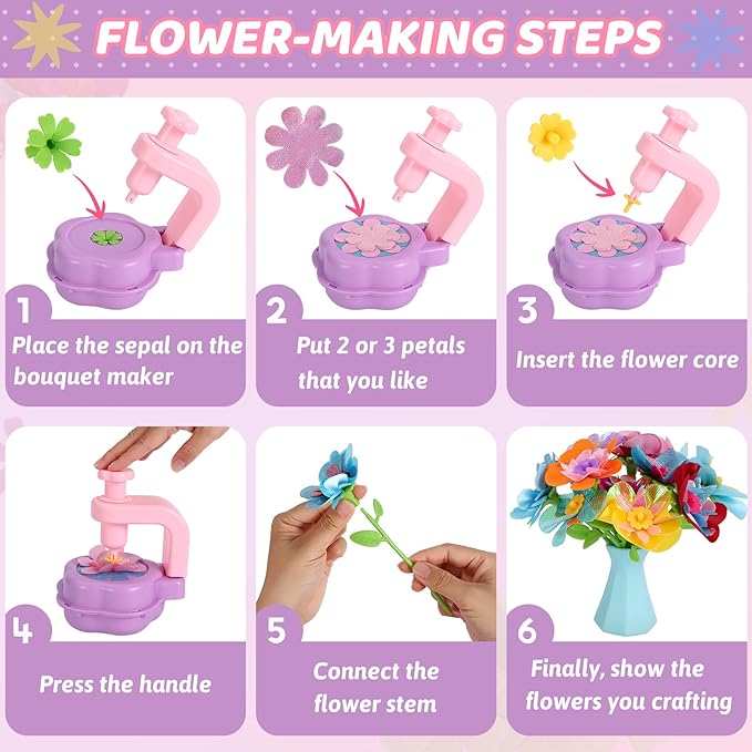 Flower Crafts Kit for Girls - Arts and Crafts for Kids Ages 4-8, Gifts for 4 5 6 7 8 9 Year Old Girls, Mess-Free Art Craft Activity Toys, Kids Flower Making Kit, DIY Creative Toys Gifts for Toddler