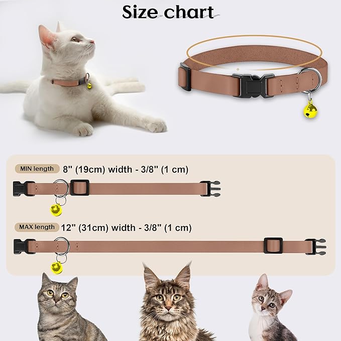 Breakaway Cat Collar with Bell - Leather Adjustable Kitten Collars with Safety Quick Release Buckle - Soft Small Pet Collars for Girl & Boy Cats (Mocha)