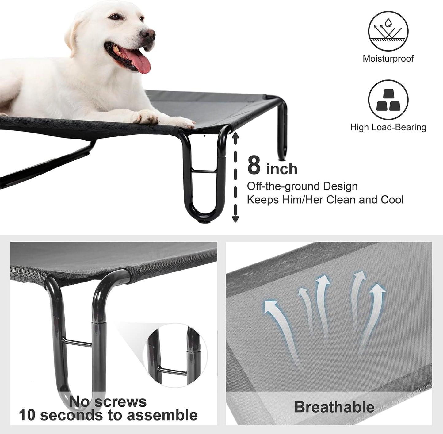 pettycare Elevated Outdoor Dog Bed - Dog Cots beds for Large Dogs XL, Waterproof Raised Dog Bed Easy to Assemble, Cooling Elevated Dog Bed with Teslin Mesh, Durable, Non Slip, Up to 85 lbs,Grey
