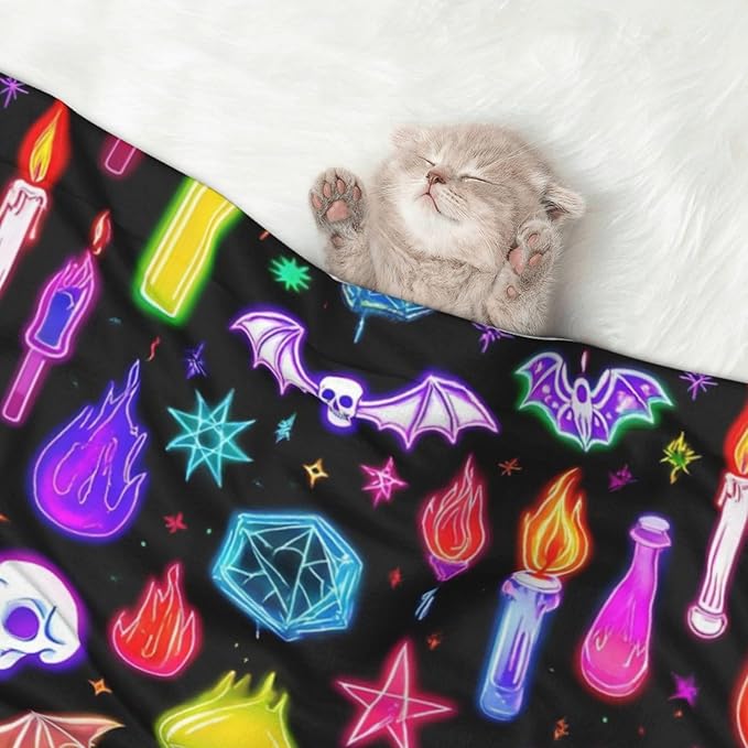 Reversible Plush Dot Pet Blanket for Dogs and Cats, Halloween Goth Skull Bat Mushroom Witchy Witch, Ultra Soft Two Sided Design with Warm Fuzzy Side and Smooth Side for Comfort
