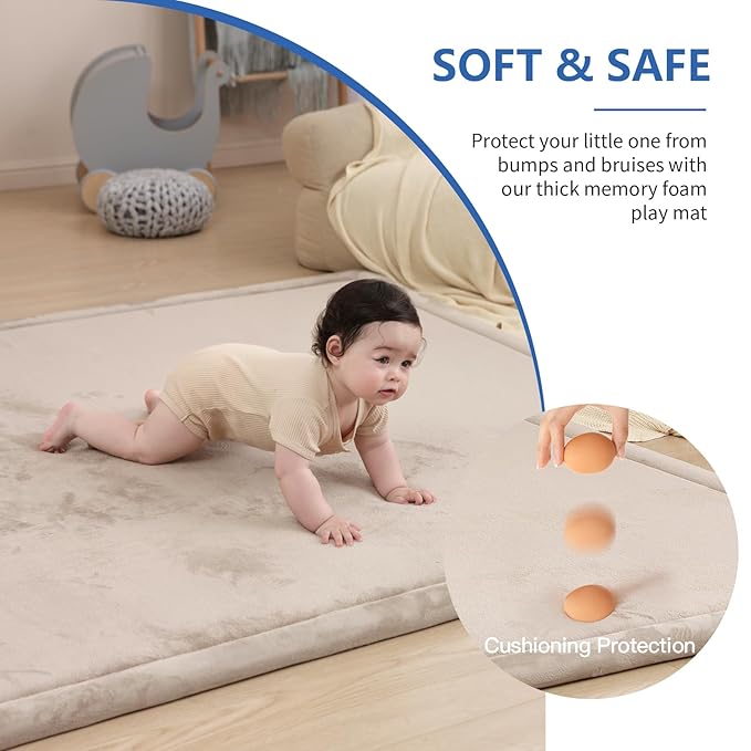 Baby Play Mat for Floor,1.3" Thick Memory Foam Tummy Time Mat for Toddlers,Infants,Kids,Water-Repellent Soft Nursery Rug,Extra Large Non Slip for Crawling&Yoga,Tatami Style for Living Room(Beige)