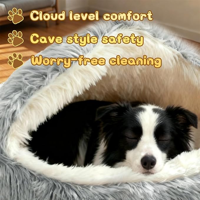 ShinHye Round Plush Fluffy Hooded Cat Bed Cave, Cozy for Indoor Cats or Small Dogs, Waterproof Bottom, Washable（30 in）