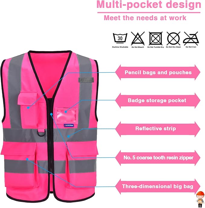 A-SAFETY XSmall Pink High Visibility Vest,Reflective Safety Vest Workwear 7 Pockets Hi Vis Durable Vest,X-Small