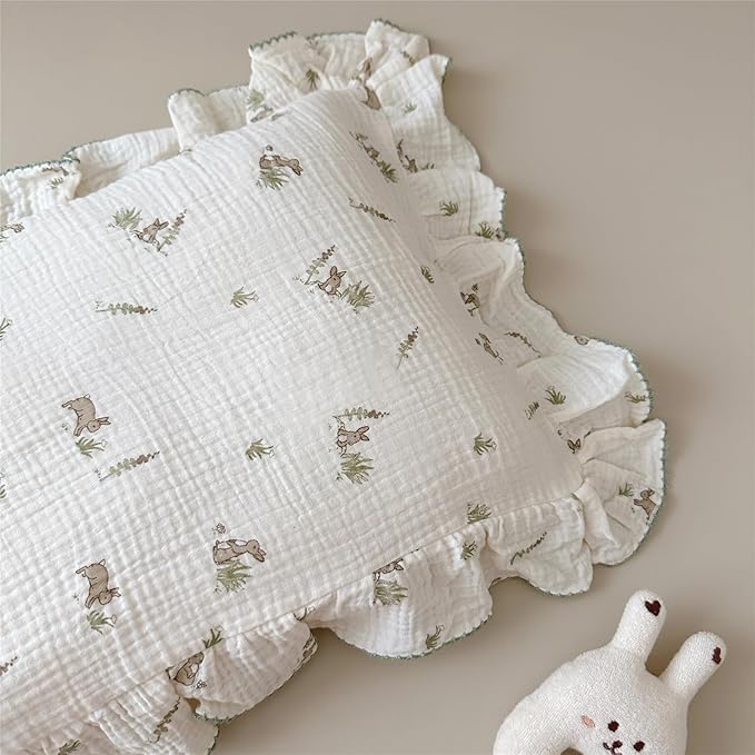 BuLuTu Muslin Toddler Pillowcase for Crib Cot Cradle, Soft Thin Kids Pillow Cover for Girls Boys, Children Pillow Cover for Sleeping with Cute Rabbit Print,14"x20", Envelope Closure