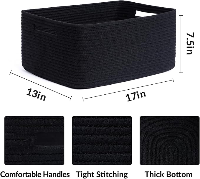 Large Storage Baskets for Organizing, Closet Shelf Baskets for Clothes Blanket Towels, Baby Nursery, Toy Bins Box, Woven Rope Baskets, 17 x 13 x 7.5”, 4 Packs Black