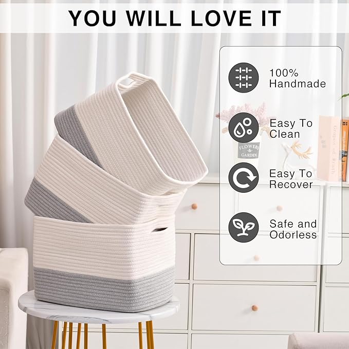 Storage Baskets for Organizing Shelves, Woven Cotton Rope Bins for Baby Nursery Organization, Book Toy Towel Organizer, 15"x11"x9.5", 3 Packs, Off White & Grey