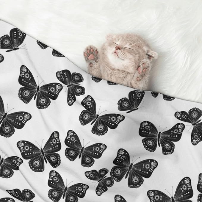 Reversible Plush Throw for Dogs and Cats, Butterflies Black and White, Double Sided Blanket with Nubby Dot Side and Sleek Side Ideal for Cuddling Nesting Security