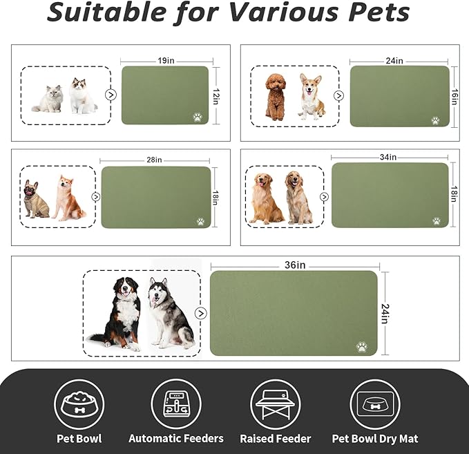 Dog Food Mat - Absorbent Cat Mat for Food and Water, No Stains Pet Feeding Bowl Mat, Easy to Clean Pet Placemats, Quick Dry Dog Water Dispenser Mat for Messy Drinkers | Paw Green 16"x 24"