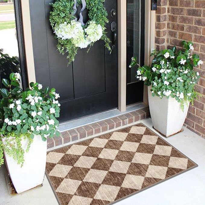 Front Door Rug - 2x3 Brown Beige Non-Slip Washable Doormat Indoor Outdoor Mat
