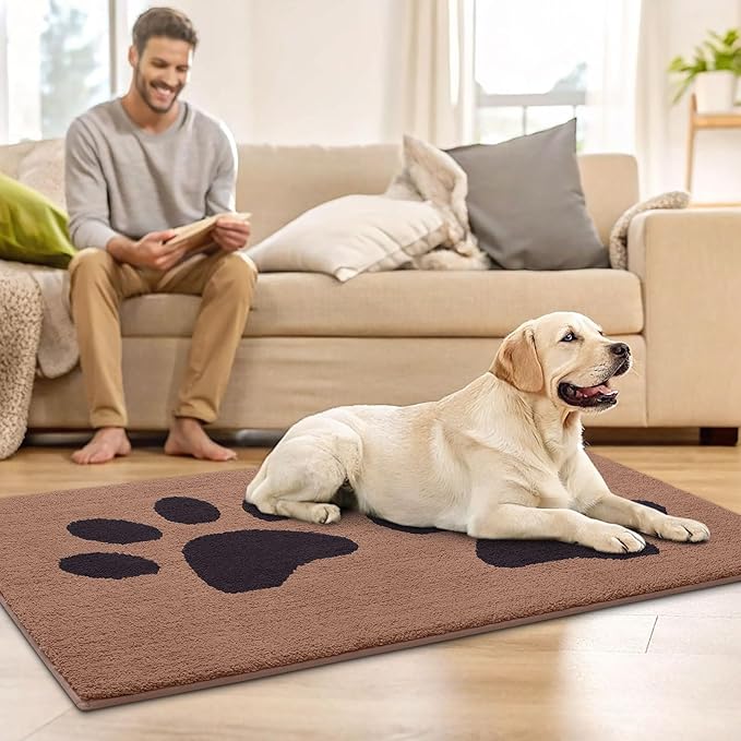 Buganda Dog Door Mat for Muddy Paws, Absorbent Dirt Trapper Washable Indoor Doormats, Non Slip Low-Profile Mud Mat for Dogs, Front Entrance Doormat for Inside Floor (48x30 Inches, Camel and Black)