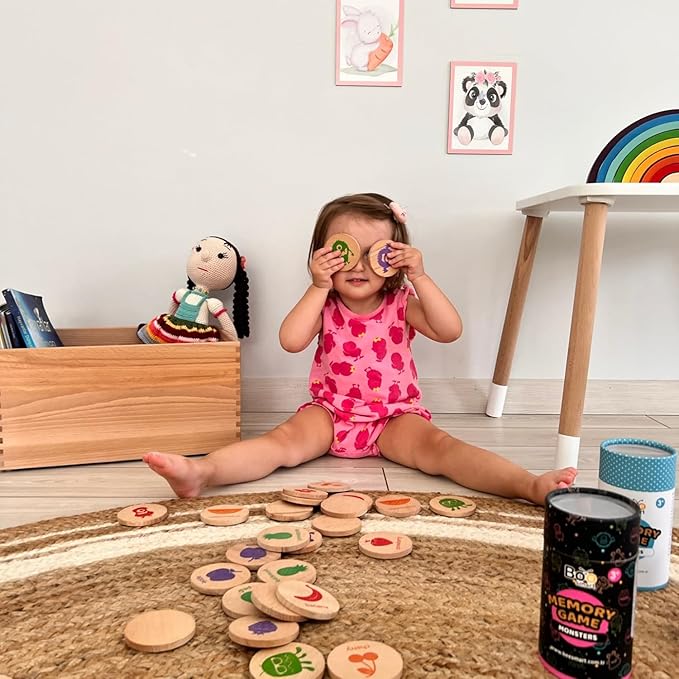 bee smart Wooden Memory Game - Matching Memory Game for Kids 3 and Up, 16Pcs | Educational Toy for Preschool Toddlers Board Games (Monsters)