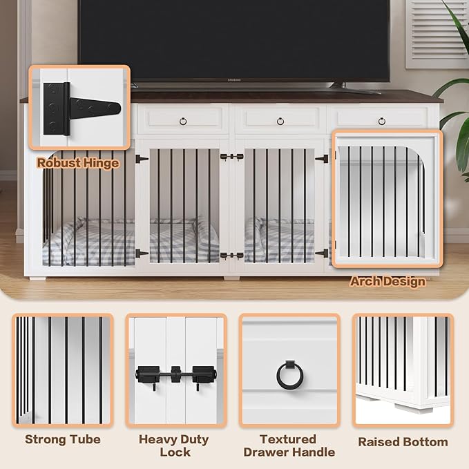86.6" Extra Large Dog Crate Furniture for Large Breeds,XXXL Wooden Double Dog Crates Kennel Cage Furniture Style TV Stand Side End Table for 2 Dogs with Divider Locks and 4 Drawers,White