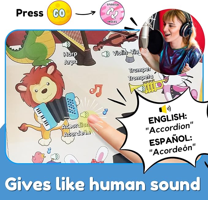 ZEENKIND Spanish & English Talking Learning Book for Kids 2 3 4 5 6 Years Old, 420 Words Toddler Educational Toys to Learn Spanish Interactive Audio Sound Books Bilingual Musical Toy Juegos para Niños