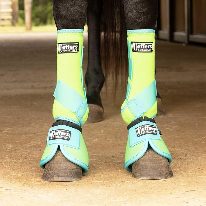 Jeffers Expression Neon Protective Horse Boots, 1 Pair, Lime & Turquoise – Breathable Neoprene, Secure Strap Closures, Durable Protection for Front & Hind Legs, Training, Trail & Riding Use - Small