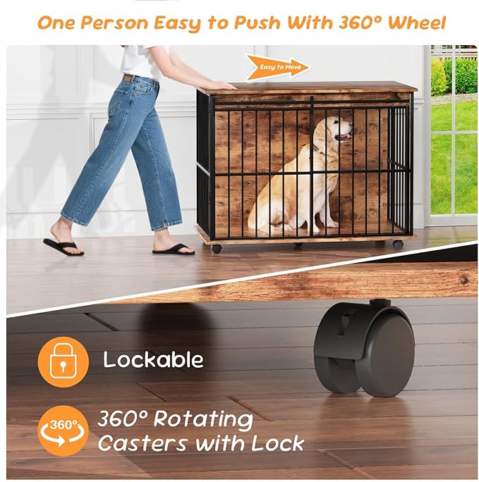 43.3" Dog Crate Furniture, Dog Kennel Indoor with Wheels for Large Medium Small Dogs, Wooden Dog Crate End Table with Sliding Door, Wooden Dog Kennel Furniture for Living Room, Bedroom
