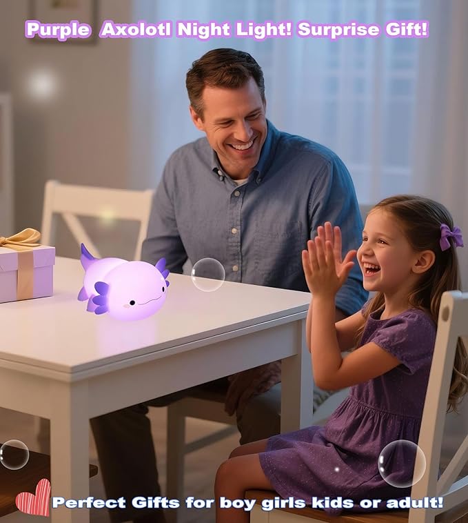 HAPPYBAG Axolotl Night Light,Cute Axolotl lamp Gifts for Kids,Dimmable Silicone Animal Nursery Night Light,Kawaii Rechargeable Bedside Touch Lamp,Baby Room Decor Axolotl Light