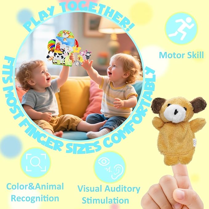 Farm Crinkle Books for Babies with 10 Finger Puppets Set, Touch and Feel Cloth Soft Farm Animal Tail Book with BiBi & Teething Toy, Puppets for Kids Ages 4-8, Baby Shower Birthday Gifts