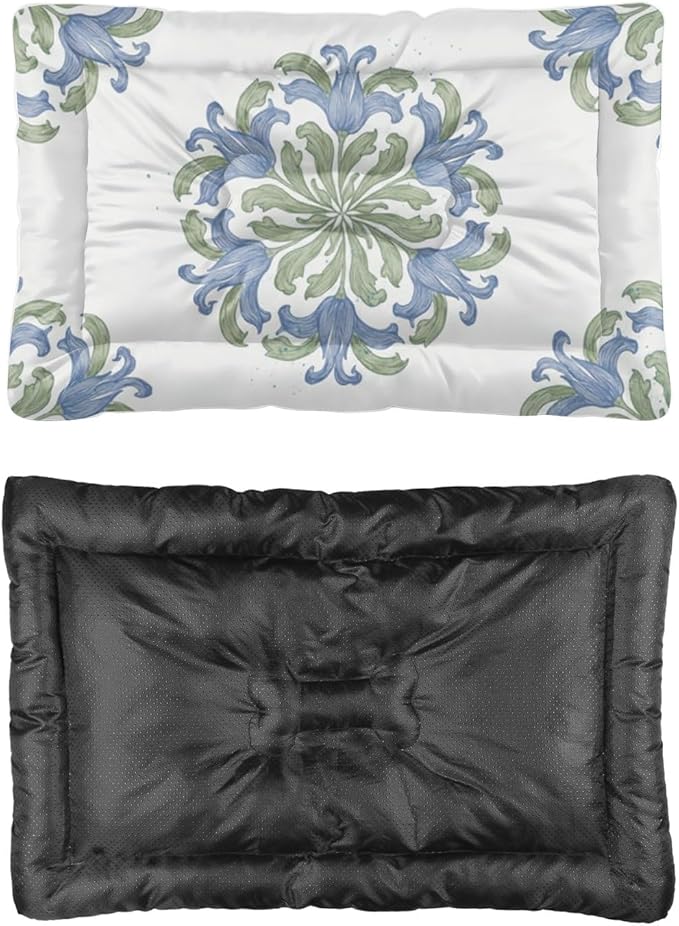 Vintage Blue Green Floral Dog Beds and Furniture Washable Crate Mat Cage Pads Puppy Crate Bed Non-Slip Beds for Small Dogs Dog Bed Pillows Mats for Dogs Pet Cushions Indoor Outdoor 36X24 Inch