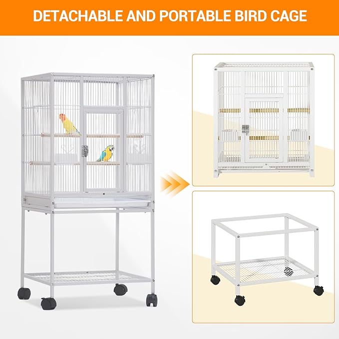 52'' Wrought Iron Birdcage with Detachable Rolling Stand & Feeder, Large Bird Cage with Secure Lock & Slide-Out Tray, Indoor Outdoor Bird Cage on Wheels,Parrot Cages for Parakeets, Pigeons, White