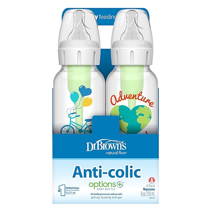 Dr. Brown's Natural Flow Anti-Colic Options+ Narrow Baby Bottle, Dream Adventure, 8 oz/250 mL, with Level 1 Slow Flow Nipple, 0m+, 4 Count (Pack of 1)