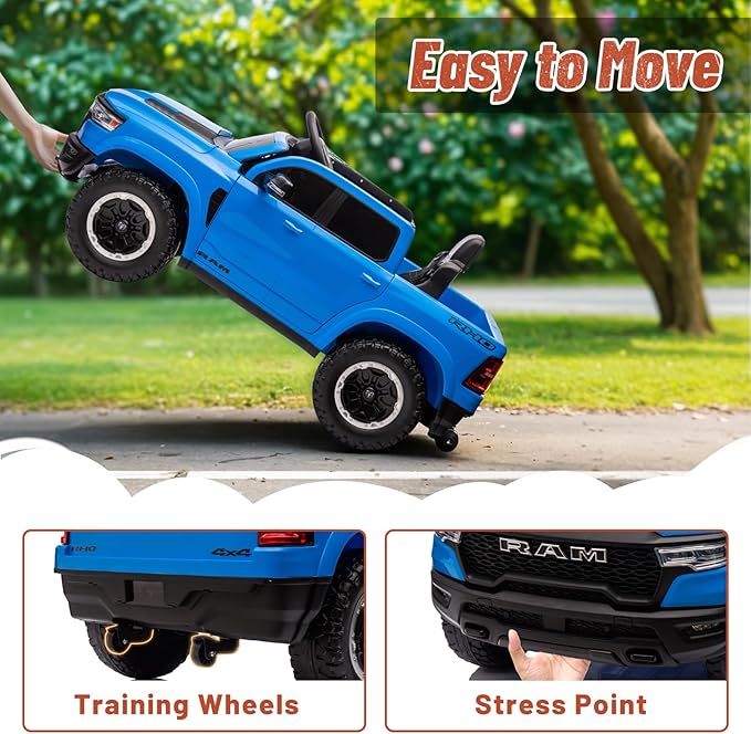 Licensed Ram 1500 Ride on Toys for Kids 4-8, Ride-on Electric Car for Kids with Remote Control, Battery Powered with Car Key/Gear Selector, LED Light/Music/MP3, Back Storage (Blue)