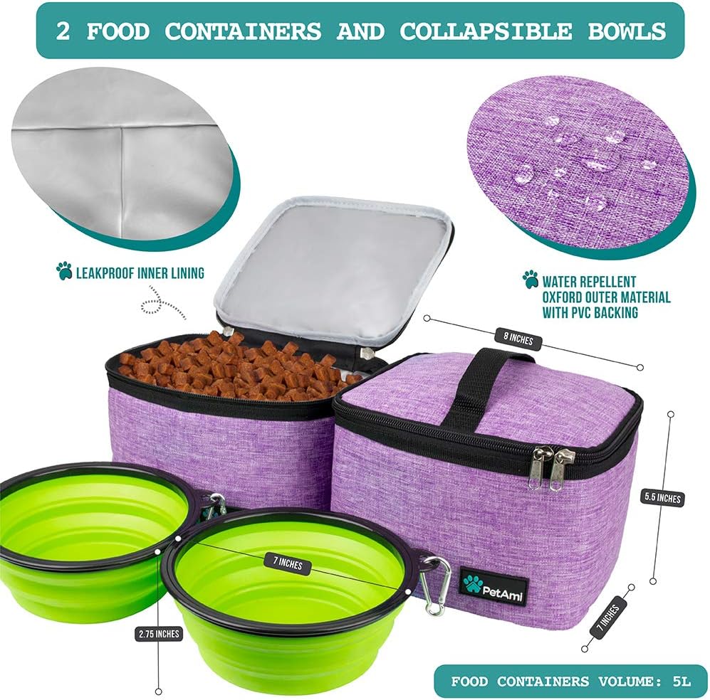 PetAmi Dog Travel Bag, Travel Pet Bag Organizer, Dog Food Travel Bag with Food Container and Bowls, Dog Travel Supplies Gift Accessories for Weekend Camping, Dog Cat Diaper Bag (Purple, Large)