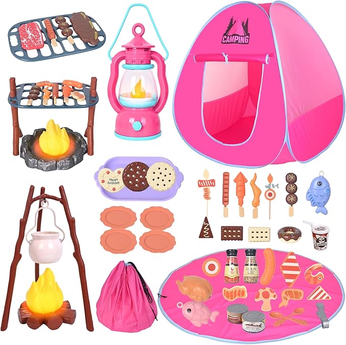Camping Set Toys with Pop up Tent Pretend Play Indoor Outdoor Camping Playset,Christmas Birthday Gifts for Toddlers Kids Girls 3-5 Years Old