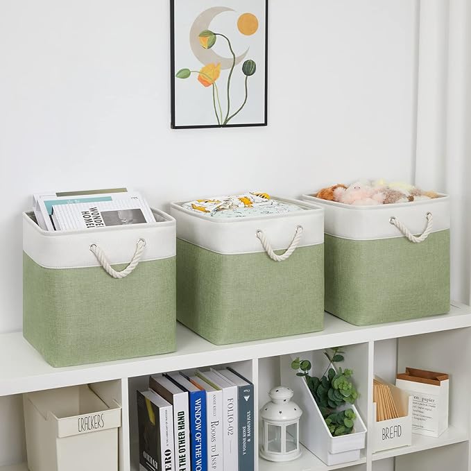 Bidtakay Cubby Storage Bins Set of 3 Fabric Baskets for Shelves Closet Drawer Organizer Storage Cubes 13x13 Collapsible Organization Baskets for Nursery Toy Shelf (White&green)