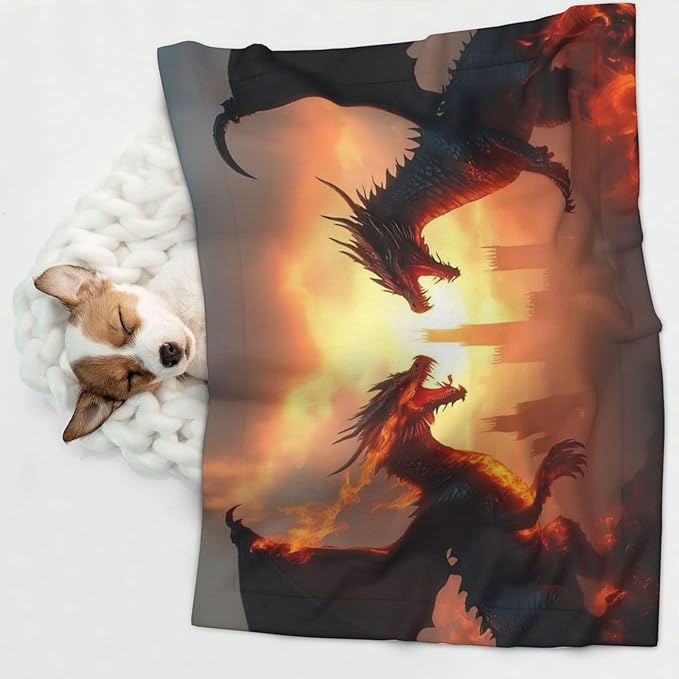 Castle Cool Fire Dragon Print Soft Plush Pet Blanket, Washable Dog Blanket, Cat Fleece Throw, Puppy Bed Crate Mat & Sofa Couch Protector - Medium
