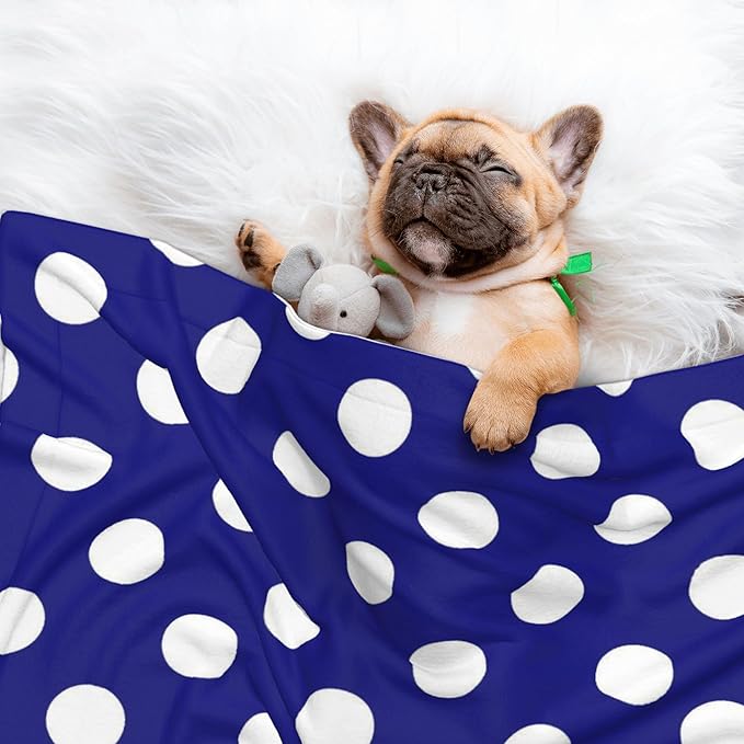 Waterproof Dog Blanket Soft Pet Blanket for Puppy Cat, Fleece Cat Throw Blankets for Furniture Bed Couch Sofa Reversible - Navy and White Polka Dot