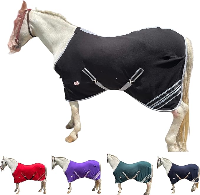 Majestic Ally Anti Pill Fleece Horse Blanket/Sheet with Silver Braided Rope (Black, 76)